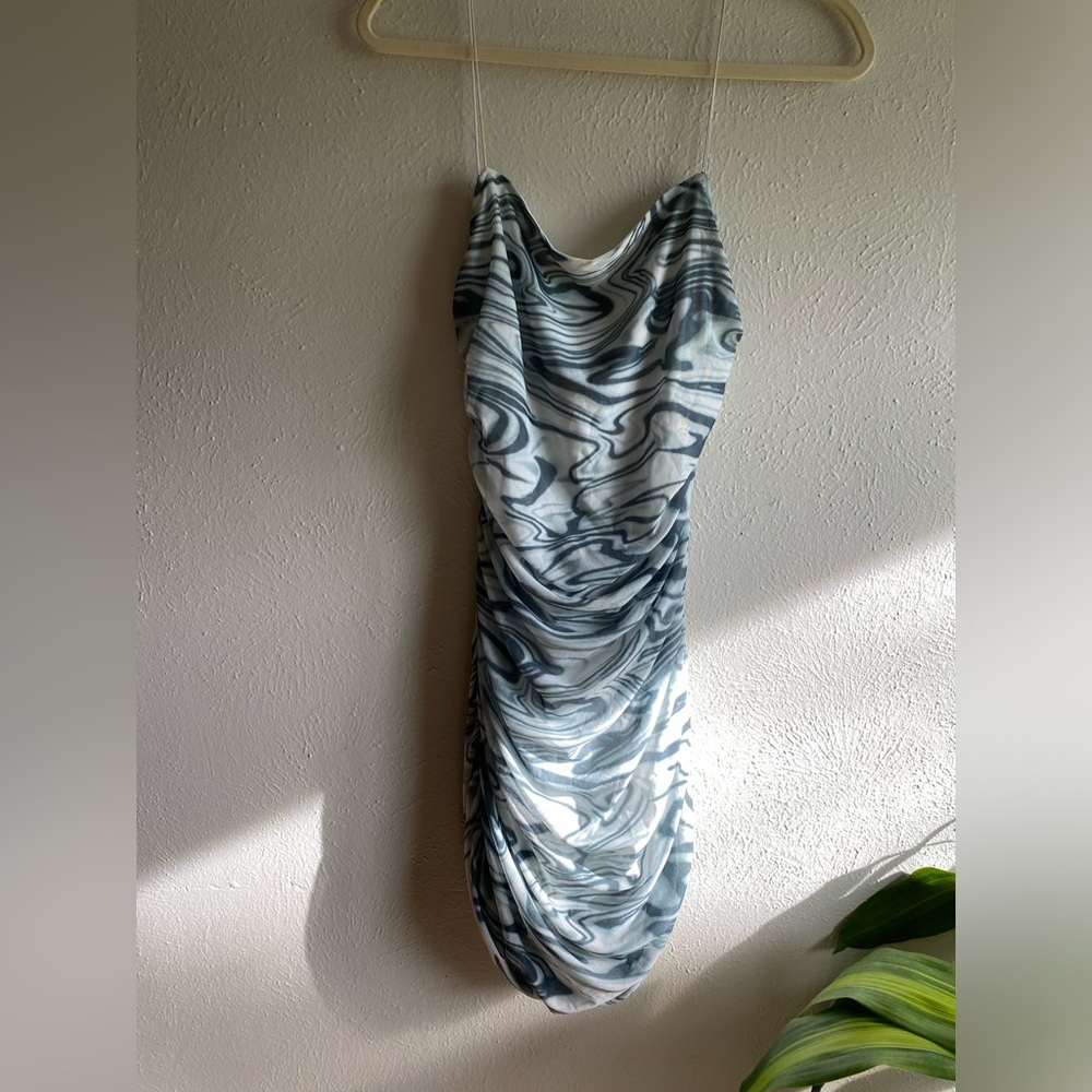 Hazel Boutique Blue / Grey Body Con Dress With Ruching And Strappy Back Sz M